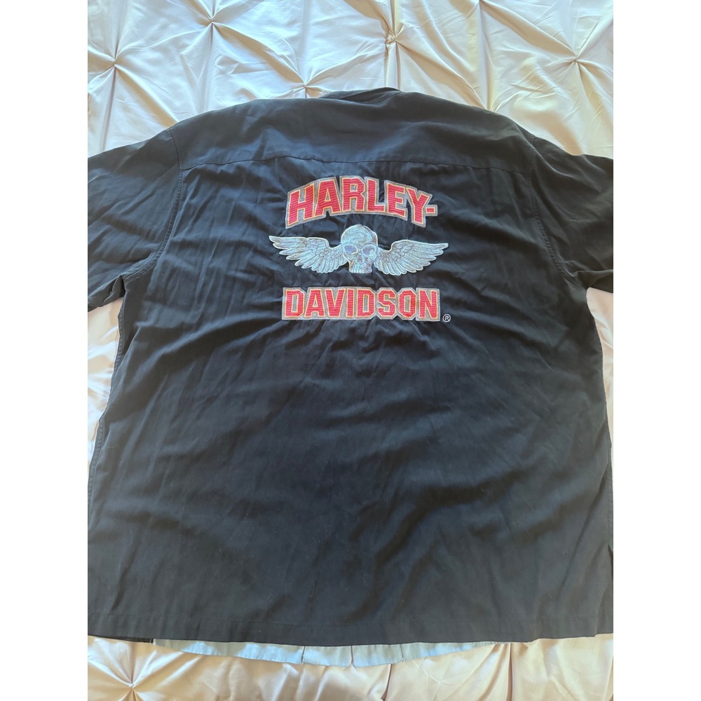 Harley Davidson Silk Blend Camp Shirt Mens 3XL Black Gray Winged Skull Graphic